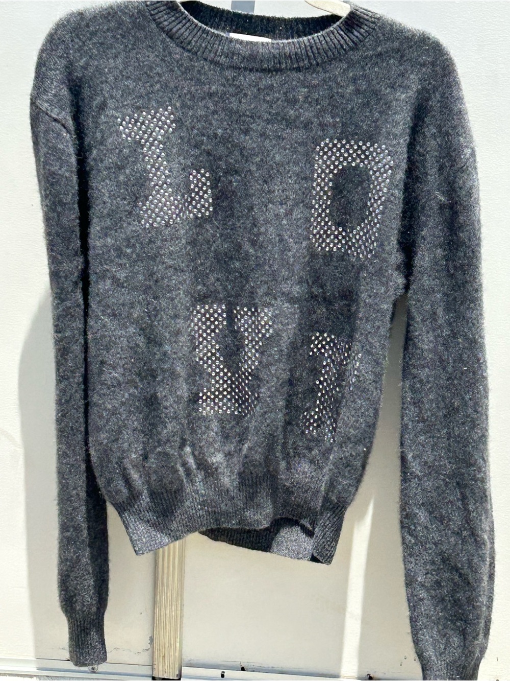 BRODIE 100% CASHMERE Charcoal Gray Studded LOVE Sweater